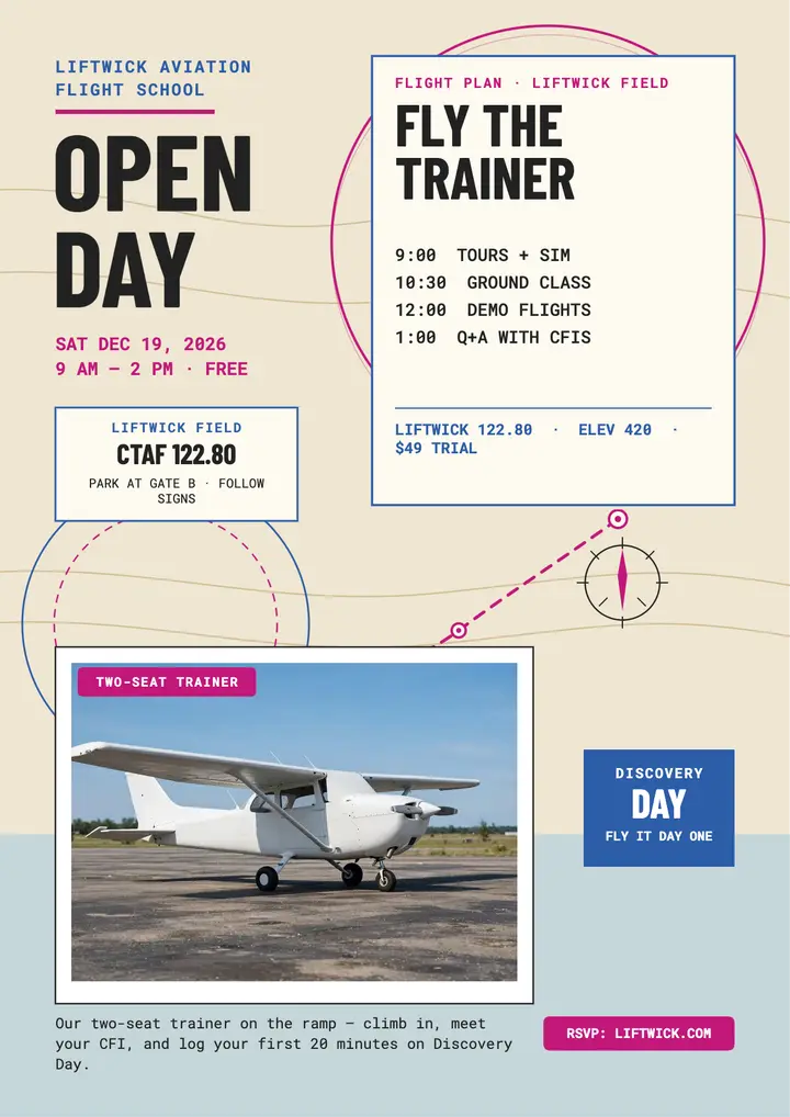 Liftwick Aviation open day chart flyer: flight school open day flyer template