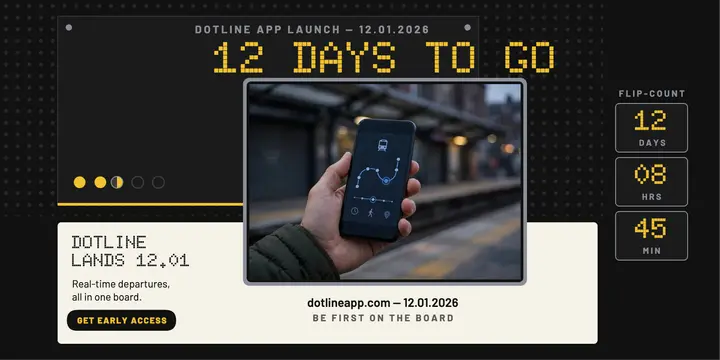 Dotline app launch flip-dot countdown post template