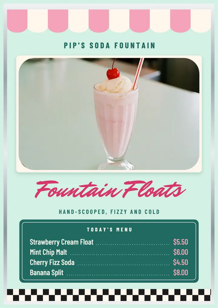Pip's Soda Fountain float menu template
