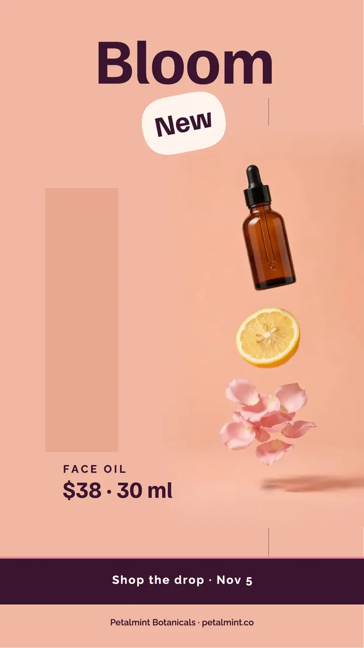 Petalmint face oil launch story, levitation still life: face oil launch story template