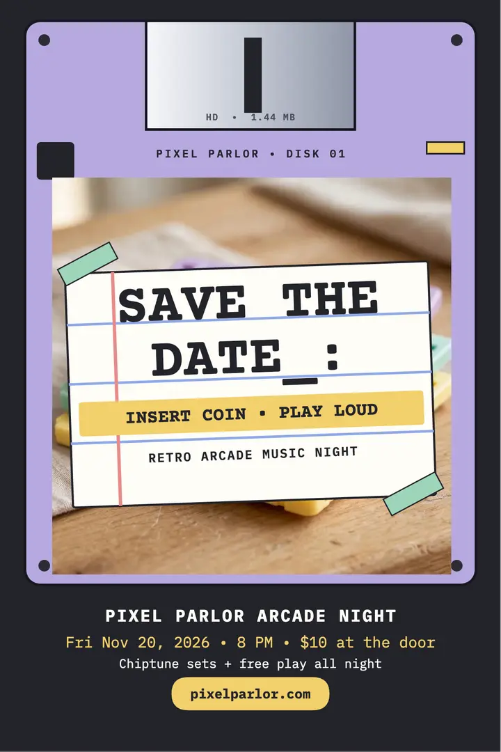 Pixel Parlor arcade night floppy poster template