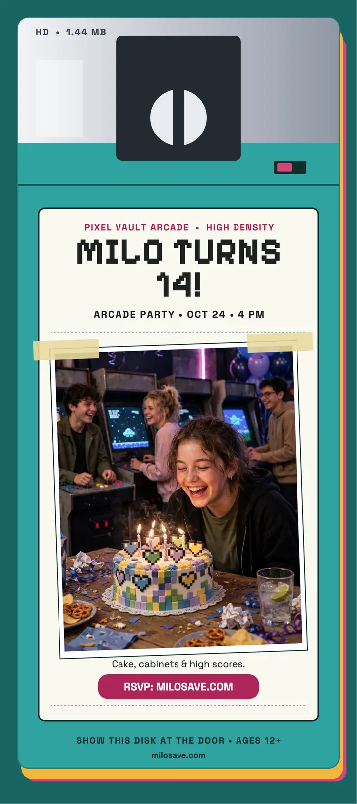 Milo floppy disk birthday rack card template