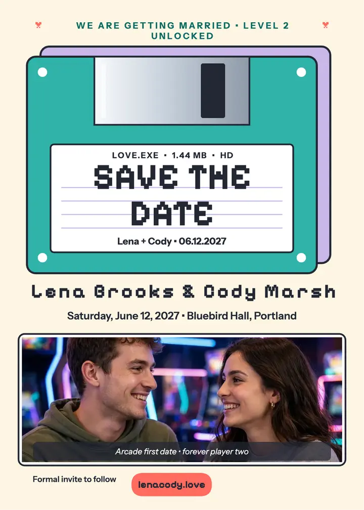 Floppy disk save the date, Lena and Cody template