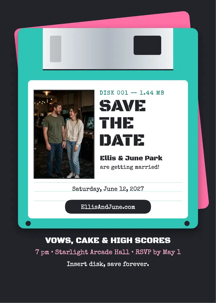 Ellis and June floppy disk save the date: save the date invitation template