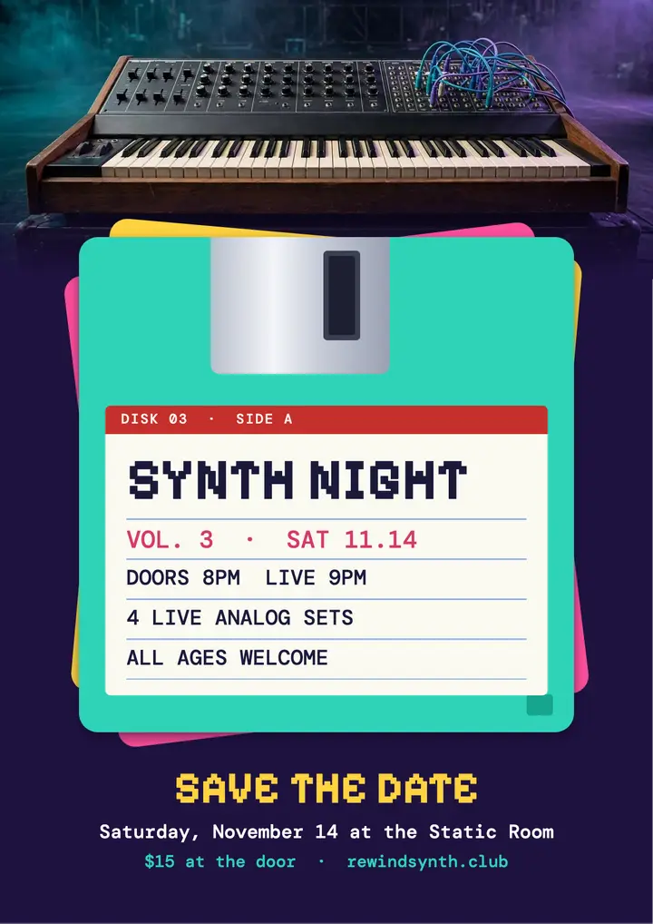 Rewind synth night floppy disk flyer template