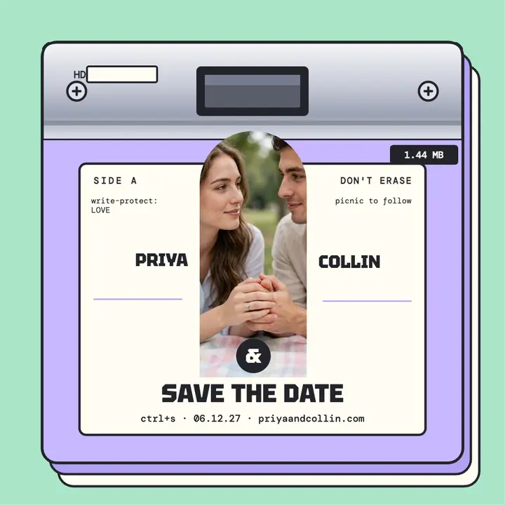 Priya and Collin floppy disk save the date template