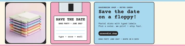 SaveOnDisk floppy save the date banner template