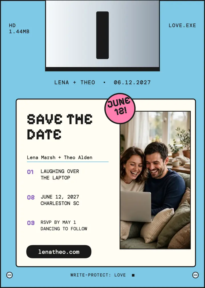 Floppy disk save the date, Lena and Theo: save the date invitation template