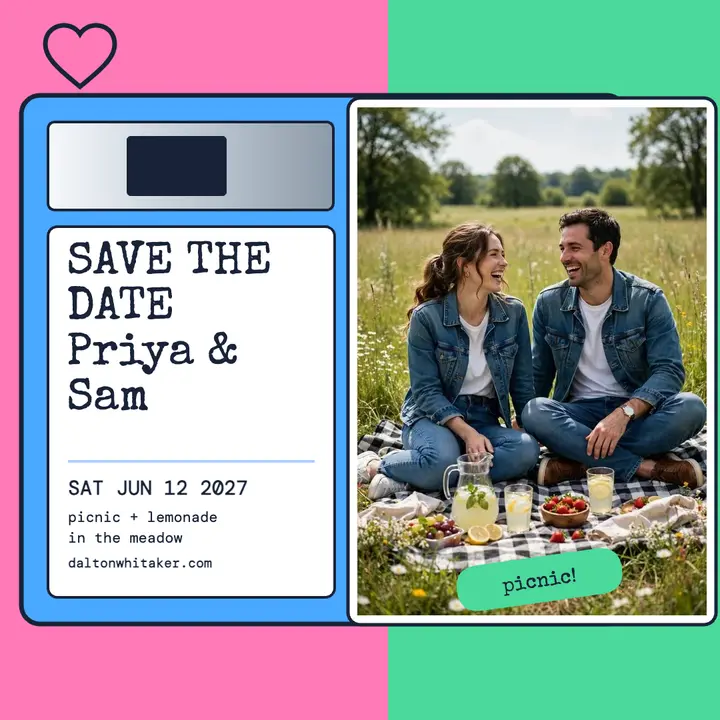 Priya and Sam floppy disk save the date template