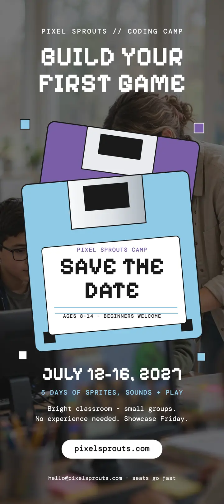 Pixel Sprouts coding camp floppy save the date template