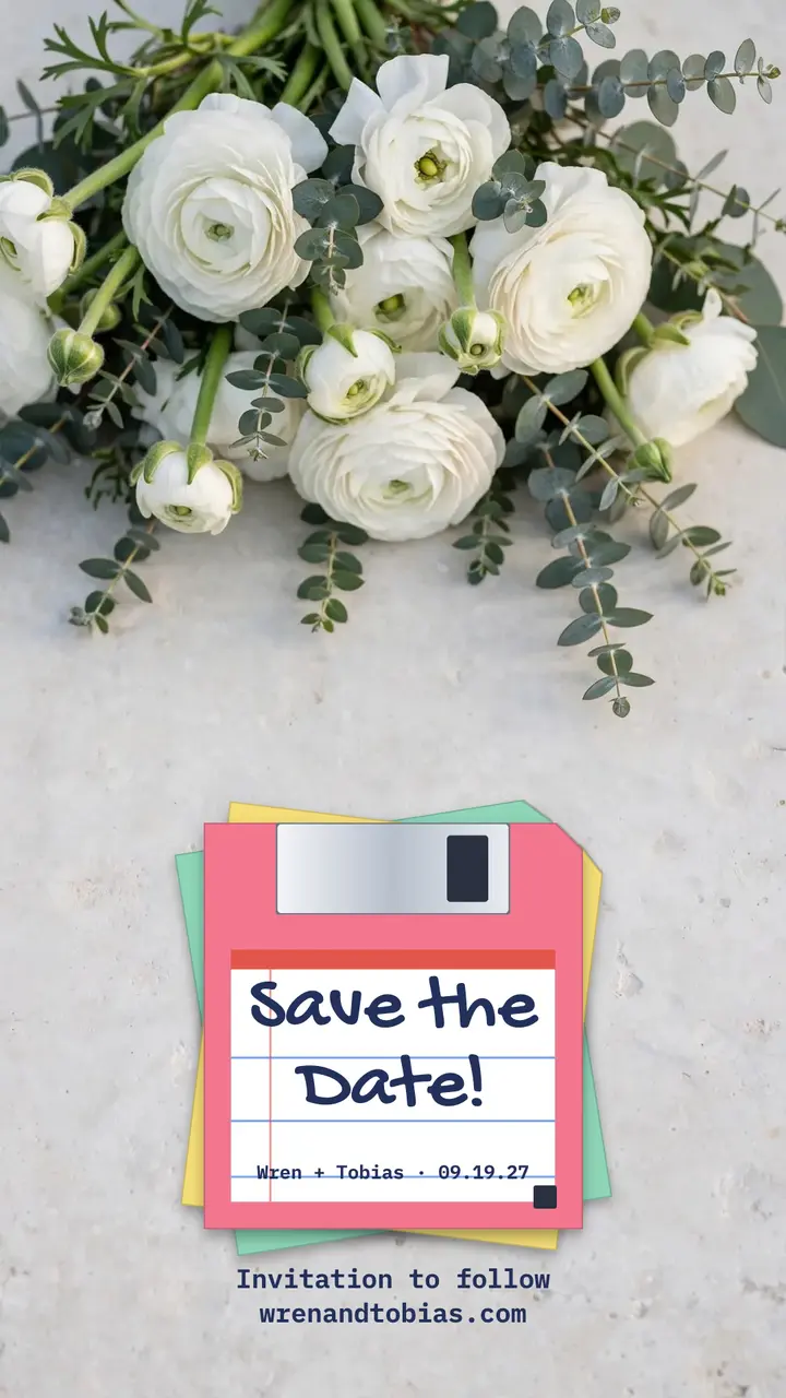 Floppy disk save the date story: save the date story template