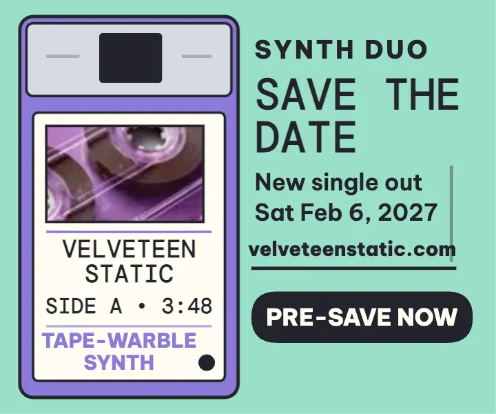 Velveteen Static floppy single drop ad: synth single save the date ad template