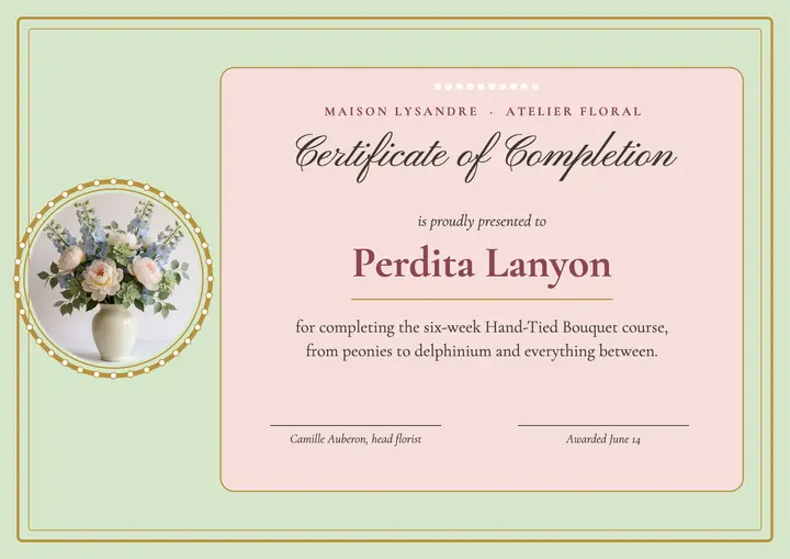Maison Lysandre floral course certificate template