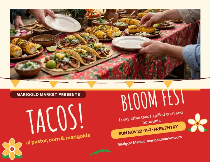 Taco Bloom Fest marigold flyer template