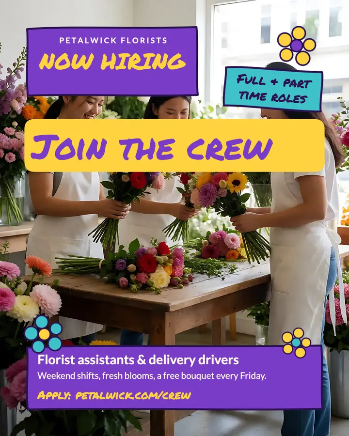 Petalwick Florists join the crew hiring post template