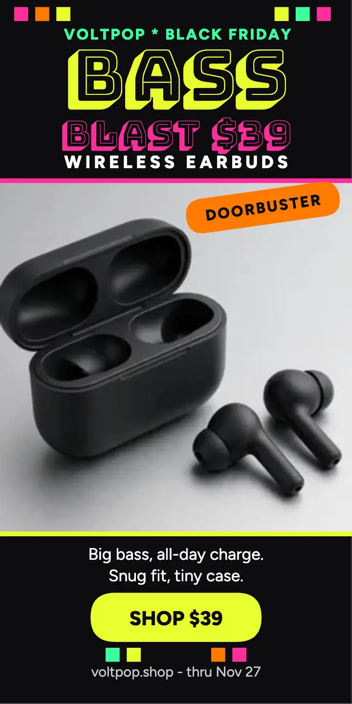 Voltpop Black Friday earbuds half-page ad template