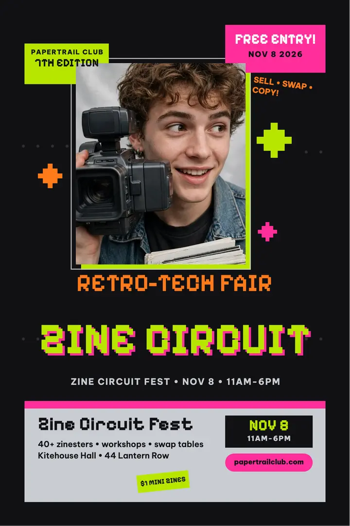 Zine Circuit Fest retro tech poster: zine fair poster template