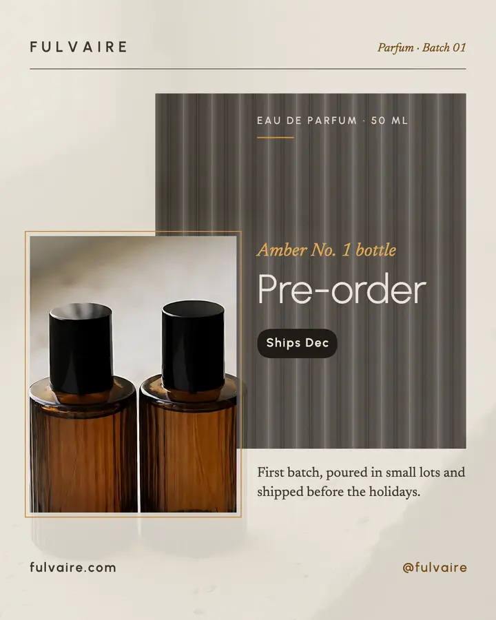 Fulvaire amber perfume pre-order post, reeded glass template