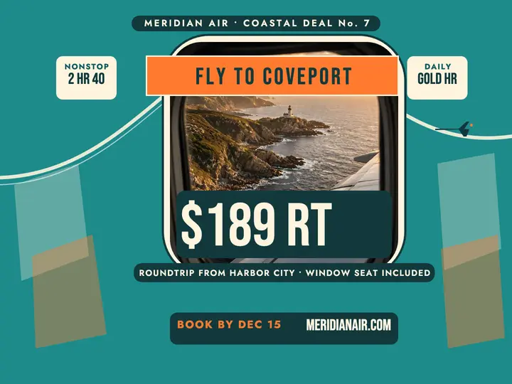 Meridian Air fly to Coveport deal slide: travel deal slide template