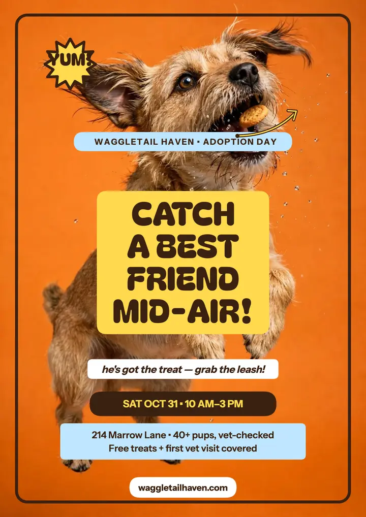 Waggletail Haven treat-catch adoption flyer: pet adoption flyer template