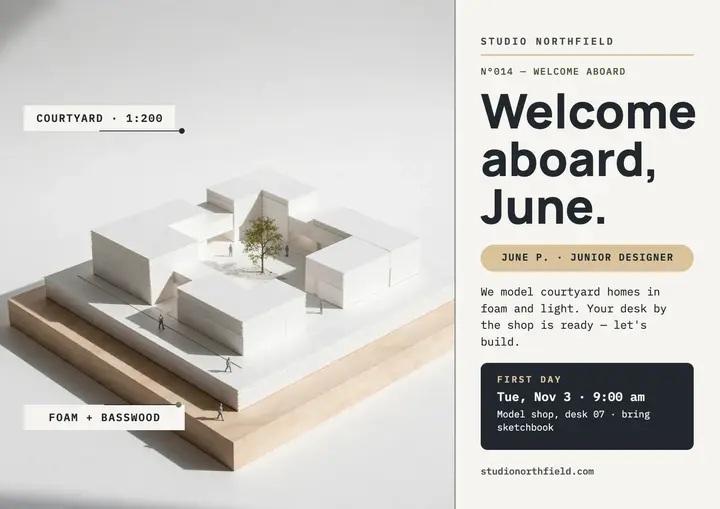 Studio Northfield foam model welcome card: welcome aboard card template