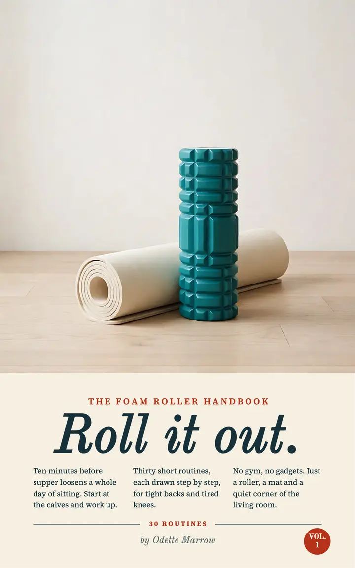 Roll It Out foam roller handbook ebook cover, sixties print ad template