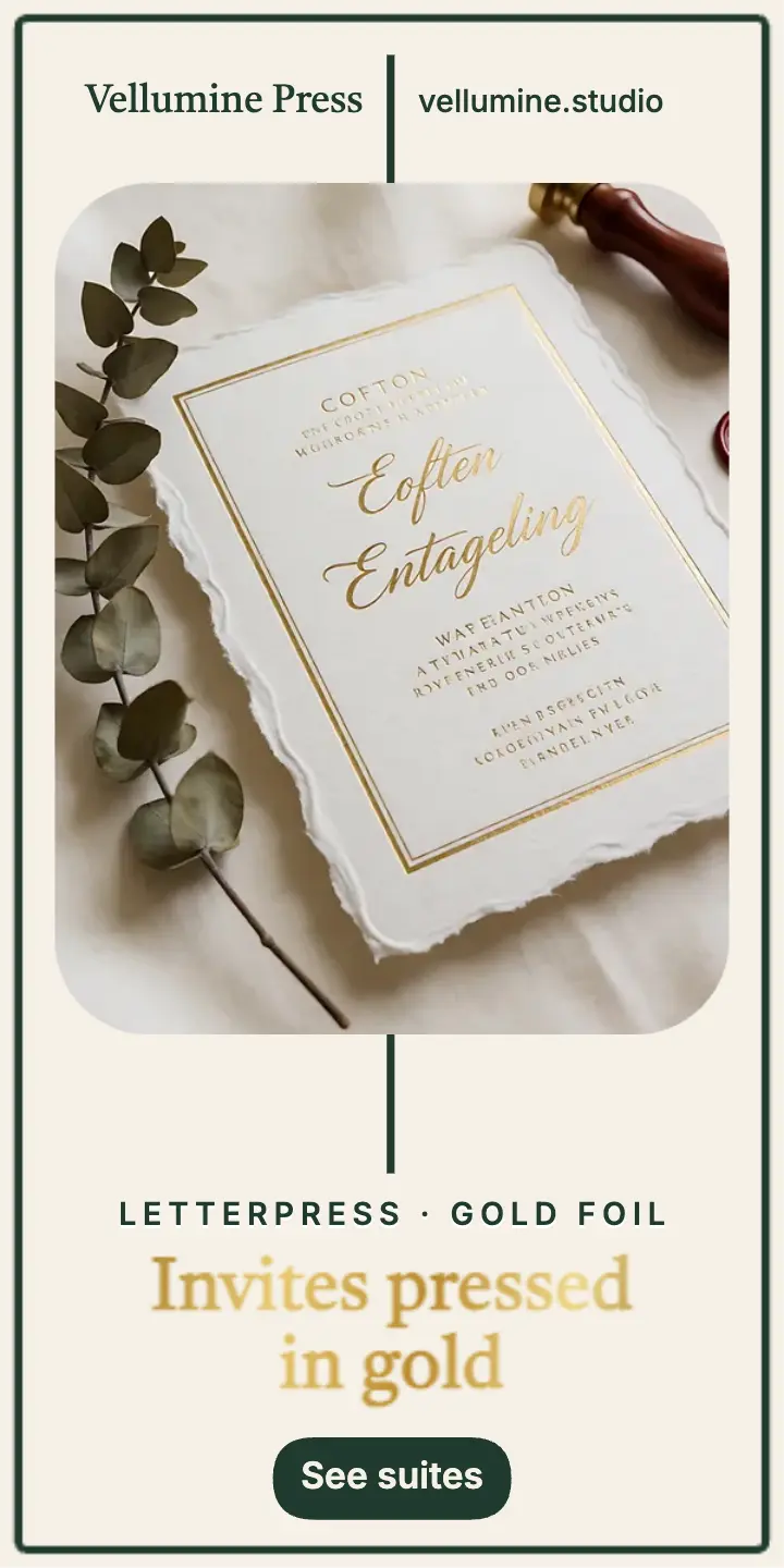 Vellumine Press gold foil engagement invitations ad template
