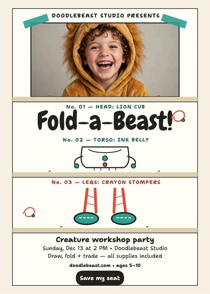 Fold-a-Beast creature workshop invite template
