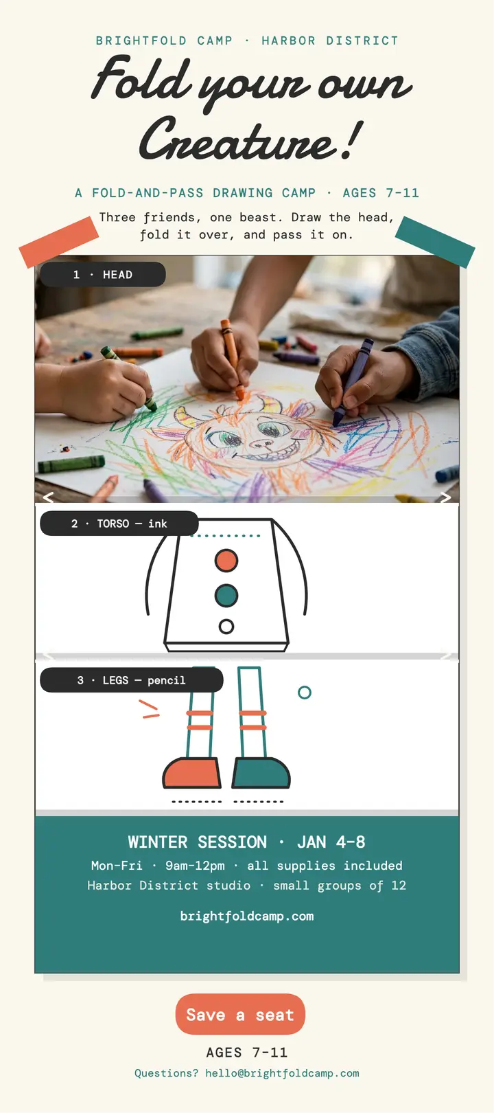 Brightfold fold-your-own creature camp card: kids art camp rack card template