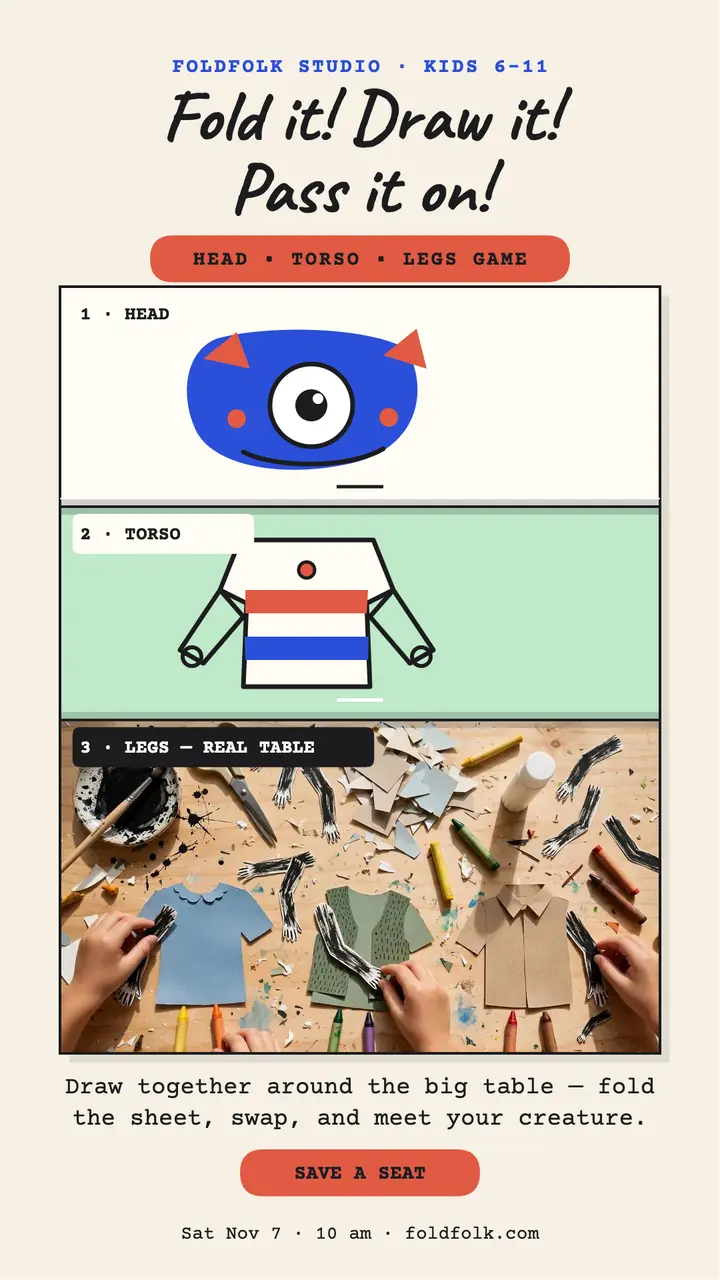 Foldfolk folded creature art class story: kids art class story template