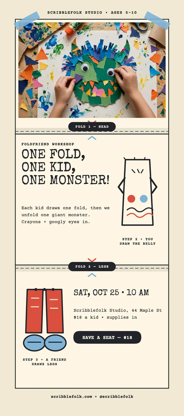Fold-a-Friend monster workshop rack card template