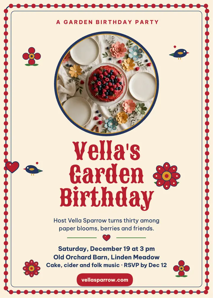 Vella garden birthday folk invite template