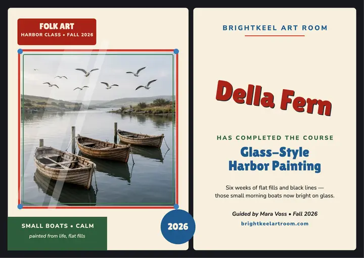 Harbor boats folk painting certificate: art class certificate template