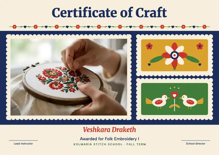 Folk embroidery course certificate, folk florals template