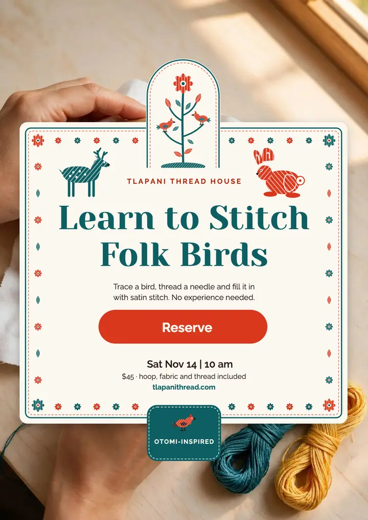 Learn to stitch folk birds embroidery workshop flyer: embroidery workshop flyer template