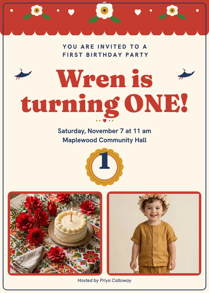 Wren's first birthday folk invitation template