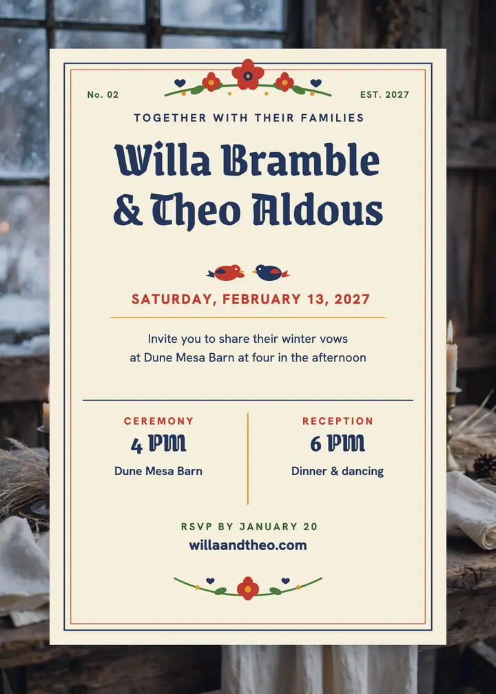 Willa and Theo winter folk wedding invitation template