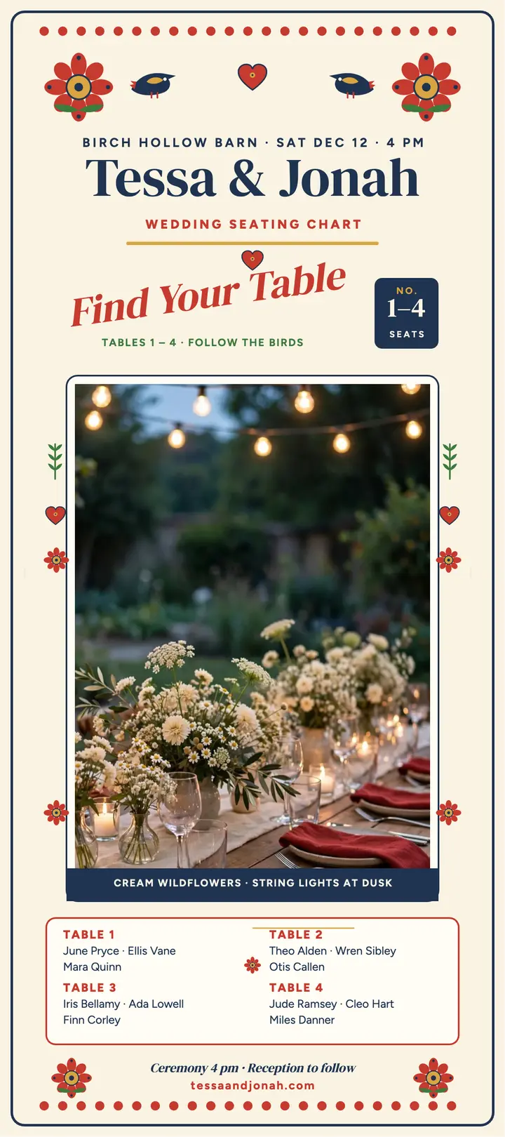 Tessa and Jonah folk flower seating chart: wedding seating chart template