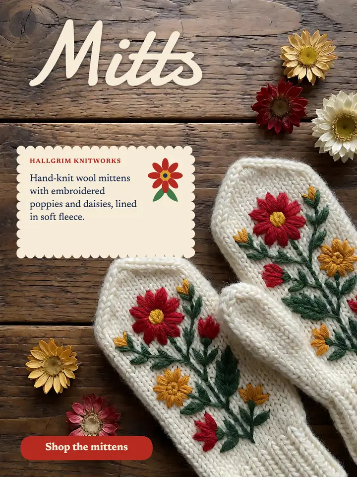 Hallgrim embroidered wool mittens portrait post, folk florals template