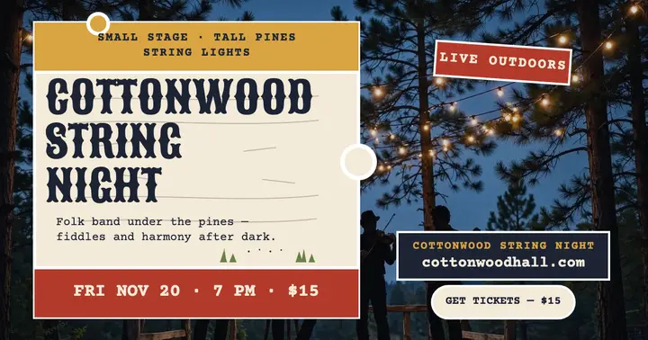 Cottonwood String Night block print poster: folk gig poster template