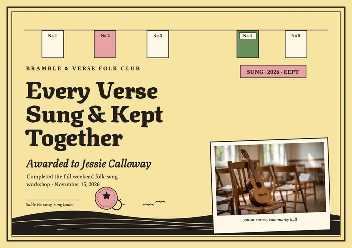 Folk song weekend certificate, Bramble and Verse: folk song certificate template