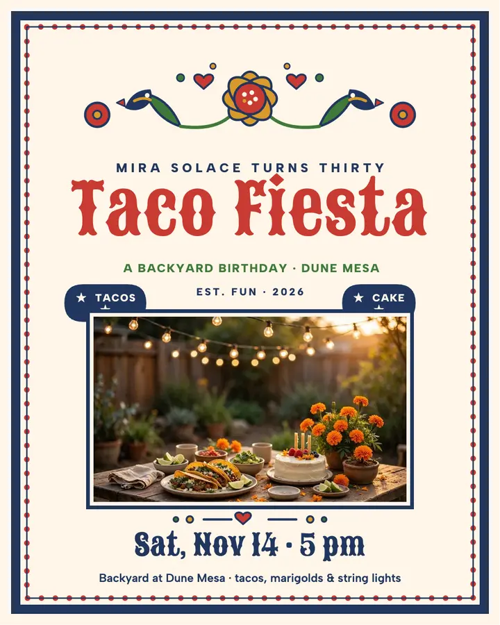 Mira's taco fiesta 30th birthday: taco birthday invitation template