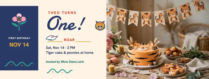 Theo first birthday folk tiger cover: first birthday facebook cover template