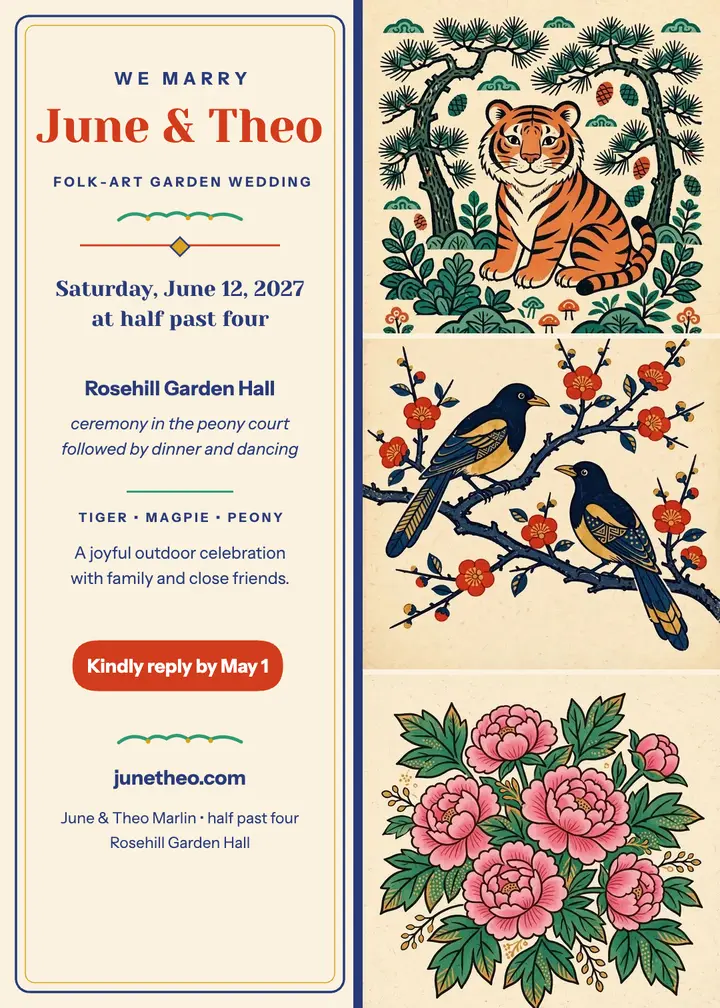 June and Theo folk tiger wedding invitation template