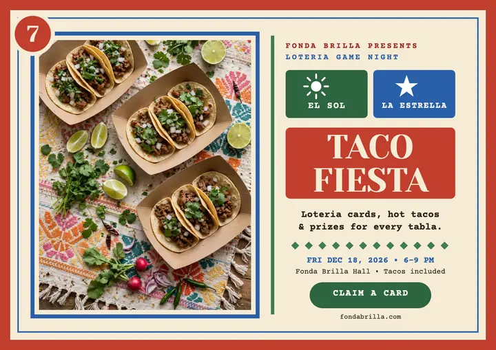 Fonda Brilla taco fiesta loteria night flyer template