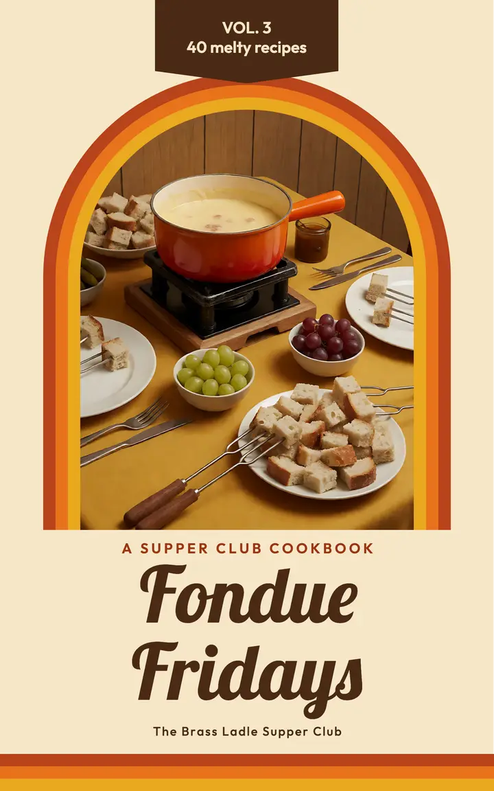 Fondue supper club cookbook cover, groovy 70s template