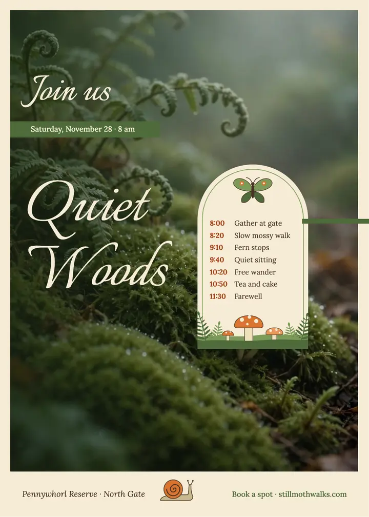 Quiet Woods forest bathing retreat invitation, woodland whimsy template