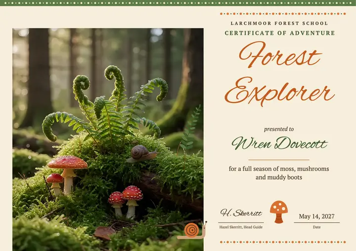 Larchmoor Forest Explorer kids certificate: forest school certificate template
