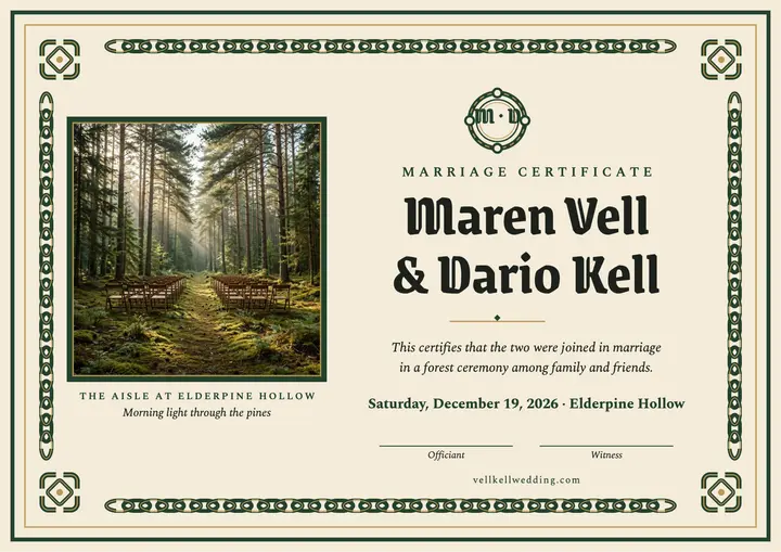 Forest knot marriage certificate: marriage certificate template