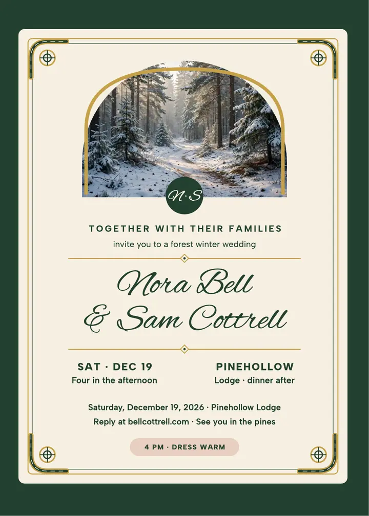 Nora Bell and Sam Cottrell forest knot invite: winter wedding invitation template